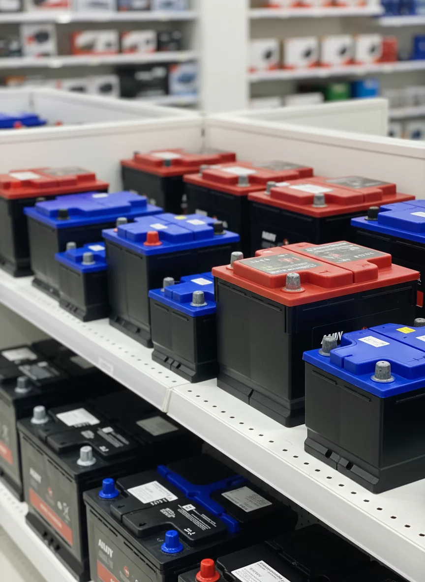 Various car batteries for passenger vehicles on display shelf in clean store