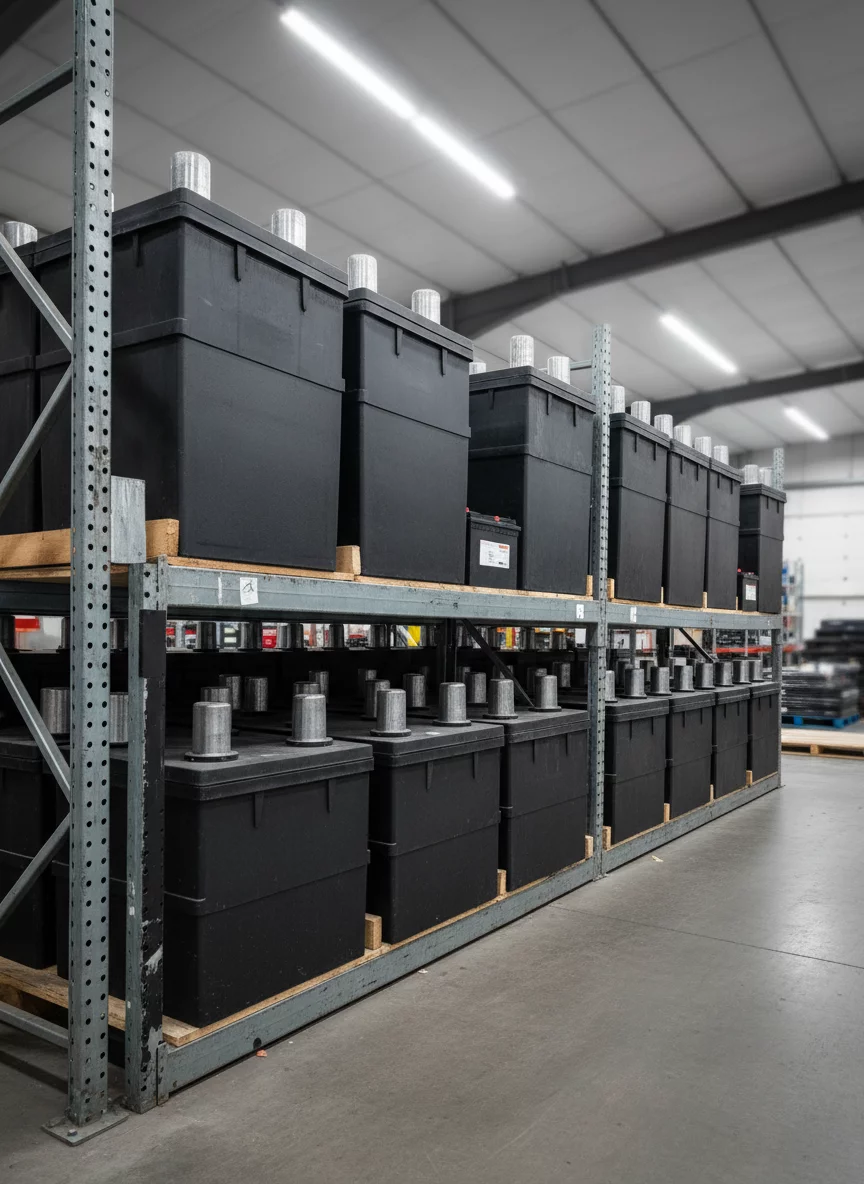 Large heavy duty truck batteries for commercial vehicles on warehouse shelf