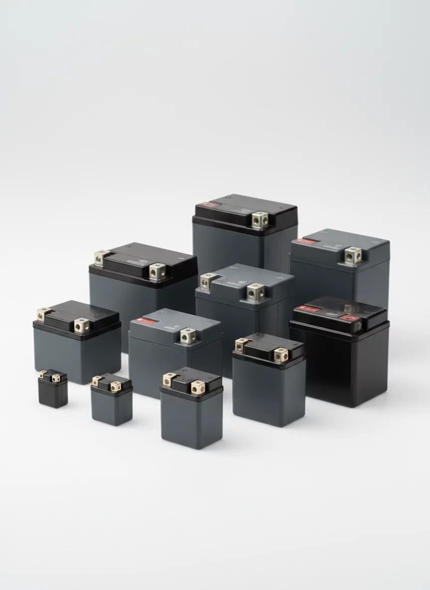 Compact motorcycle batteries of different sizes on display