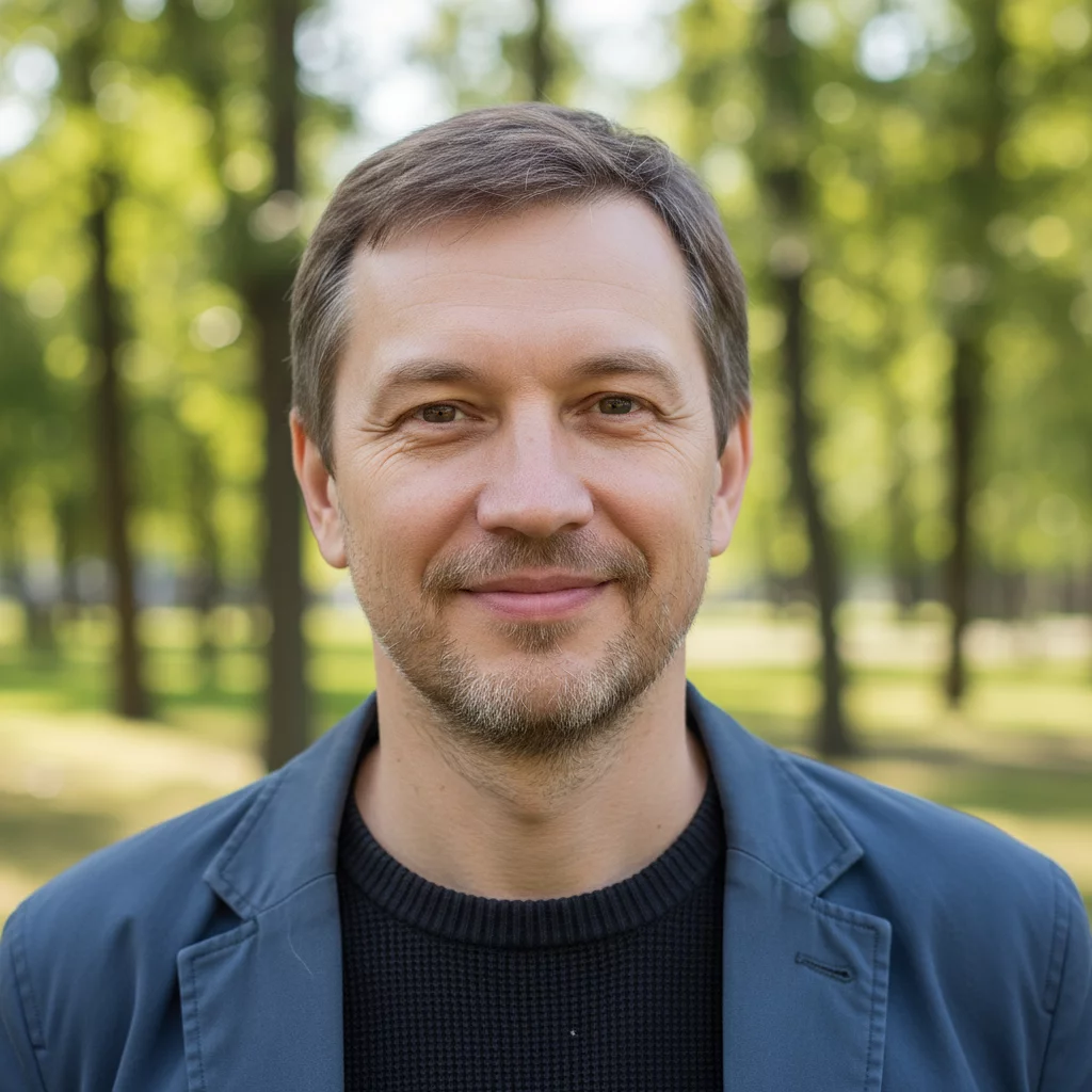 Portrait of Russian middle-aged male car owner, friendly face, casual clothing