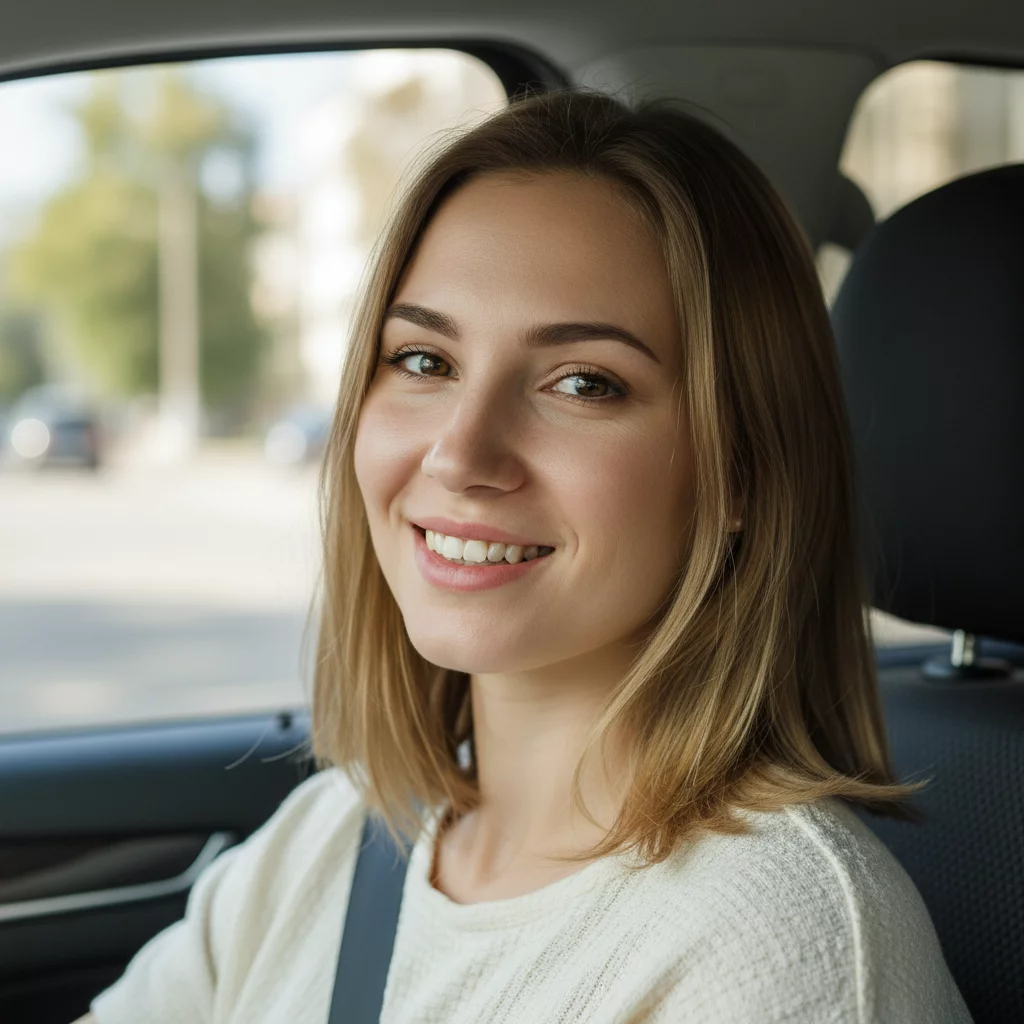 Portrait of Russian young woman car driver, smiling, professional appearance
