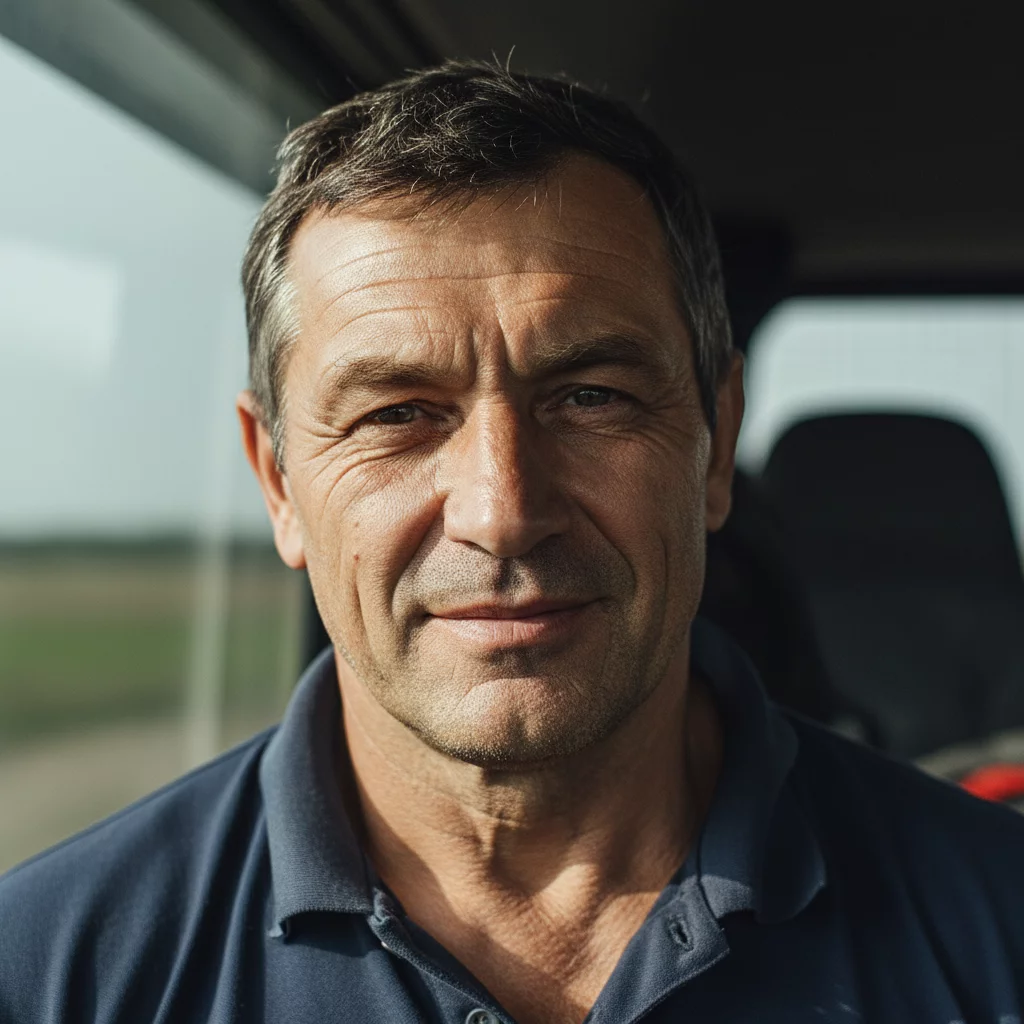 Portrait of Russian male truck driver, mature age, strong build, friendly expression