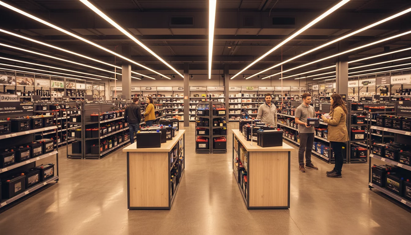 Car battery store interior with shelves full of various automotive batteries, professional clean environment