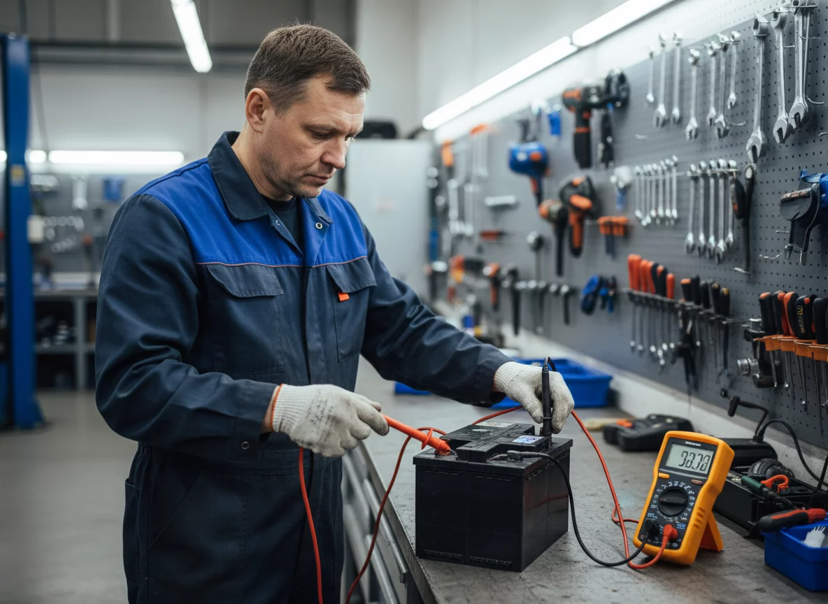 Professional Russian male auto mechanic testing car battery with diagnostic equipment in workshop